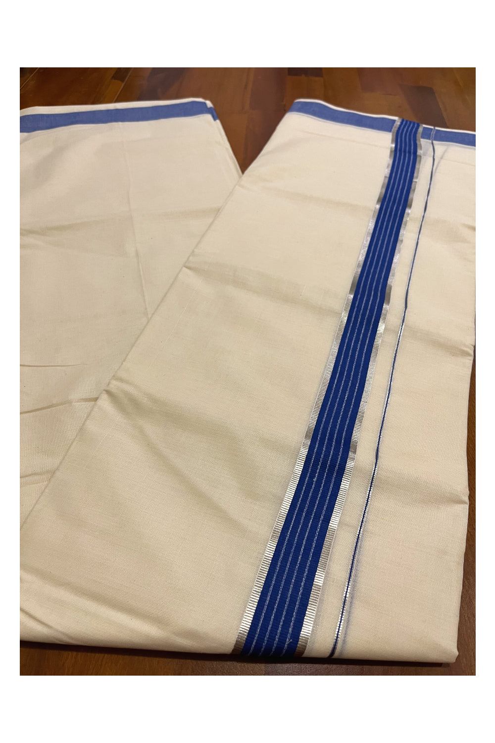 Kerala Cotton Double Mundu with Blue and Silver Kasavu Line Border (Onam Mundu 2023)