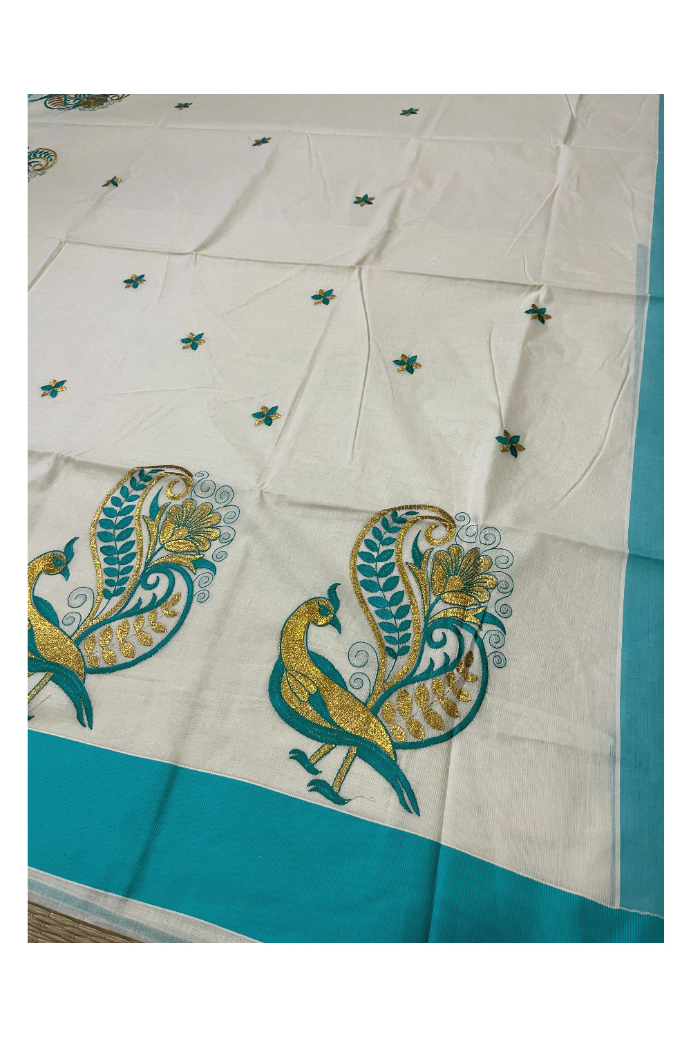 Pure Cotton Kerala Saree with Peacock Embroidery Work and Turquoise Border (Onam Saree 2023)