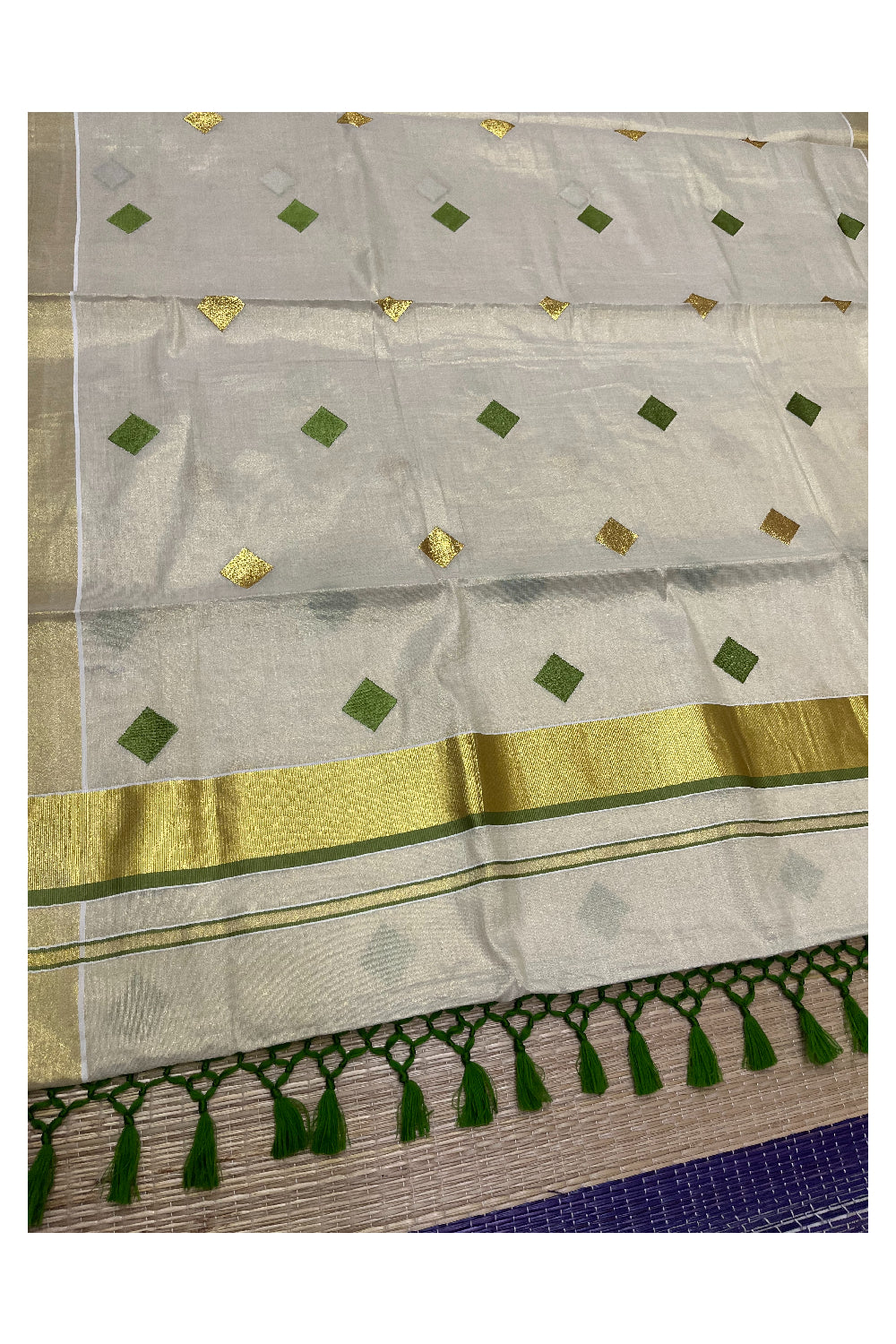 Kerala Tissue Kasavu Saree with Light Green Gold Woven Butta Designs and Tassels Works (Vishu 2024 Collection)