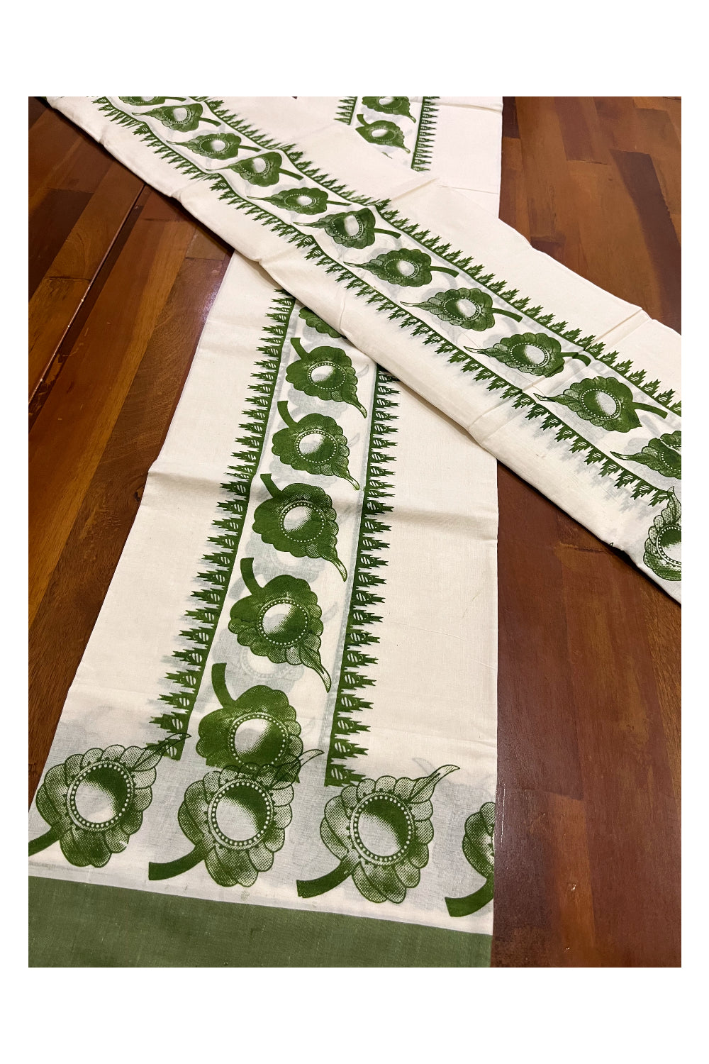 Kerala Cotton Mundum Neriyathum Single (Set Mundu) with Olive Green Leaf Block Prints in Border 2.80 Mtrs