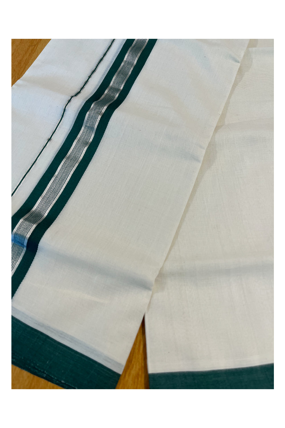 Southloom Premium Handloom Cotton Double Mundu with Green And Silver kasavu Lines Border