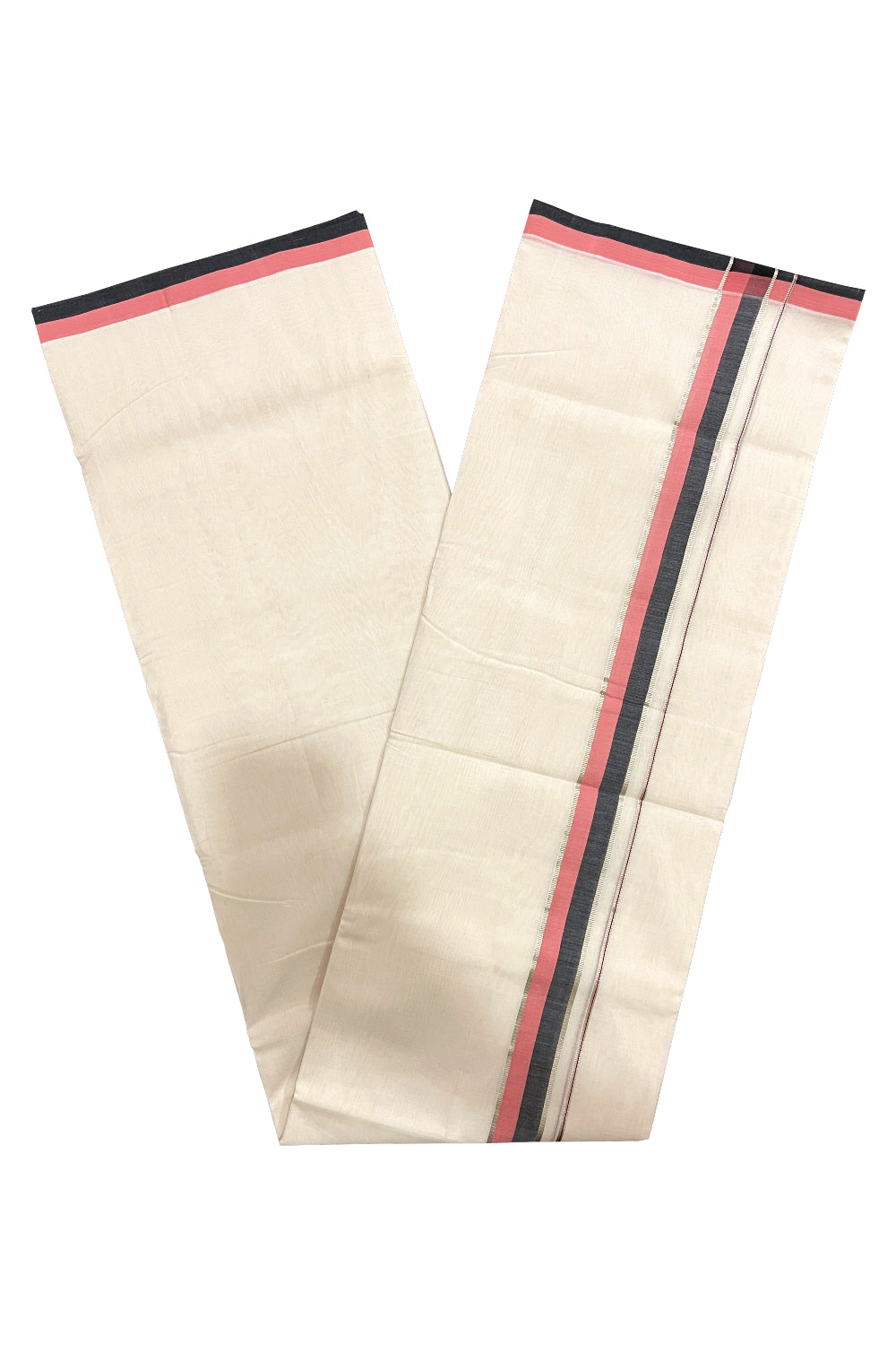 Southloom Premium Balaramapuram Unakkupaavu Handloom Mundu with Peach Black and Silver Kasavu Border (South Indian Kerala Dhoti)