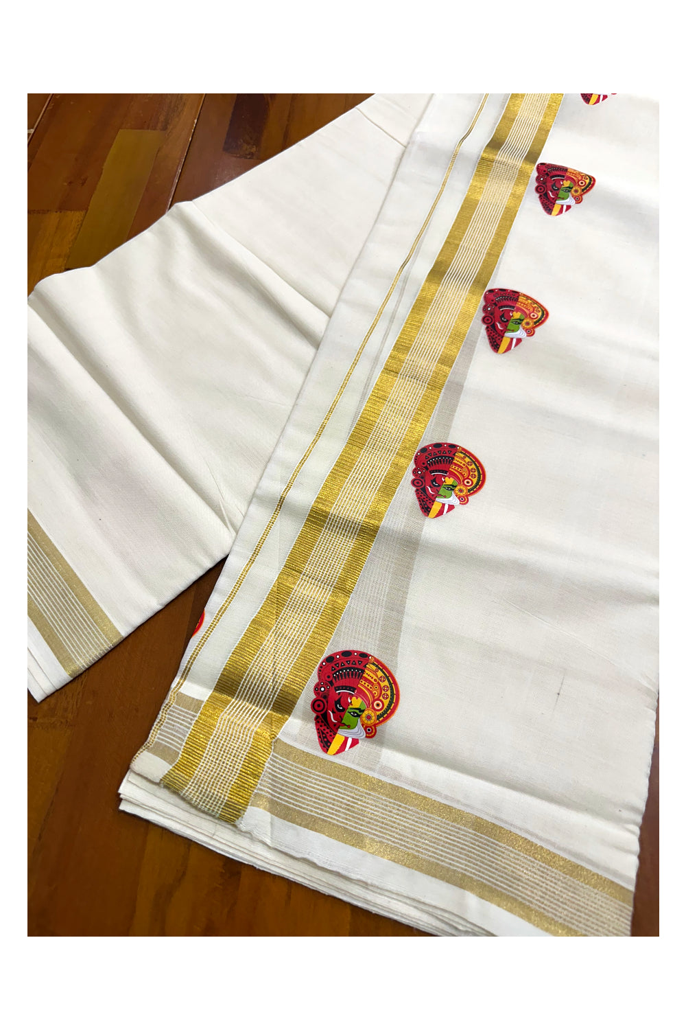 Southloom Lines Kasavu Double Mundu with Mural Print Along Kara