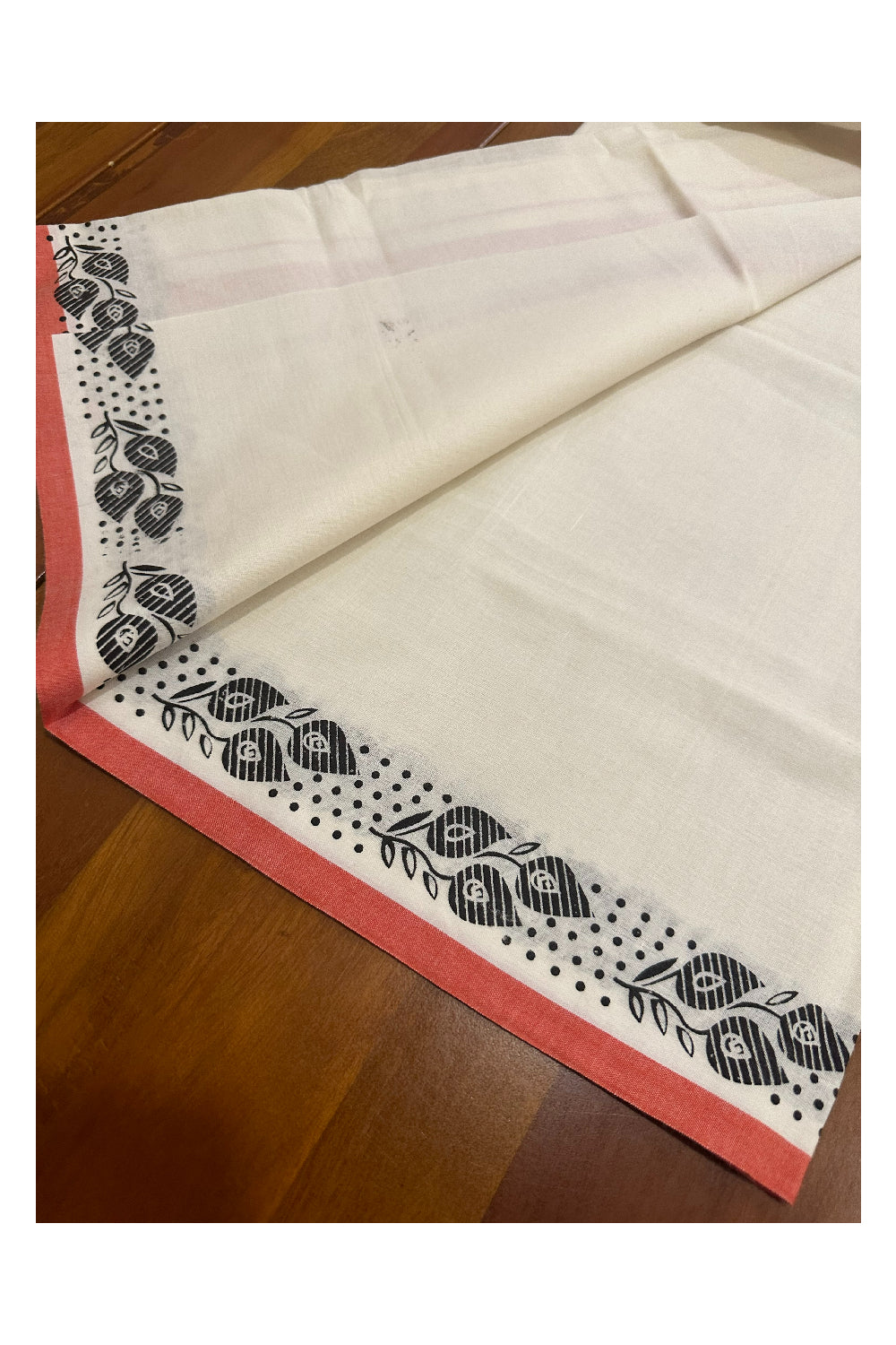 Kerala Cotton Set Mundu (Mundum Neriyathum) with Block Prints on Dark Orange Border (Onam Set Mundu 2023)