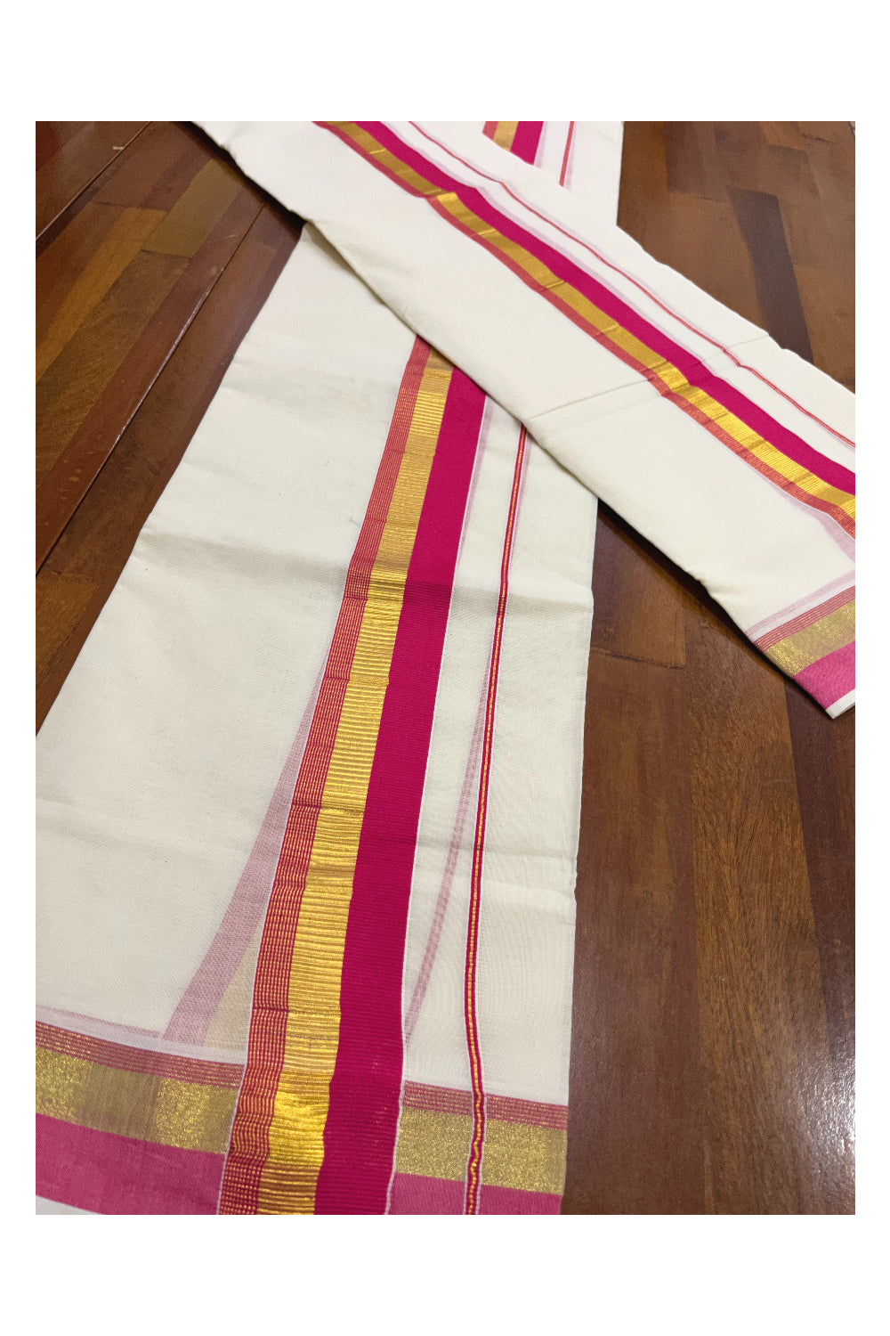 Pure Cotton Kerala Single Set Mundu (Mundum Neriyathum) with Bright Magenta and Kasavu Border 2.80 Mtrs (Onam Set Mundu 2023)