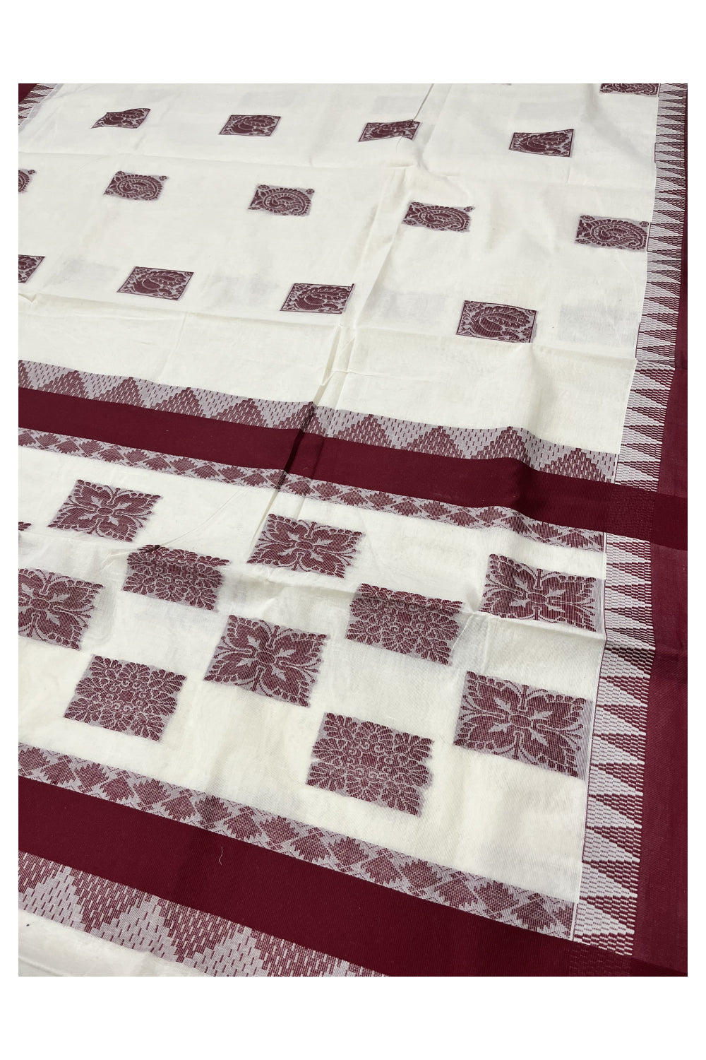 Pure Cotton Kerala Saree with Maroon Heavy Woven Designs and Temple Border (Vishu 2024 Collection)