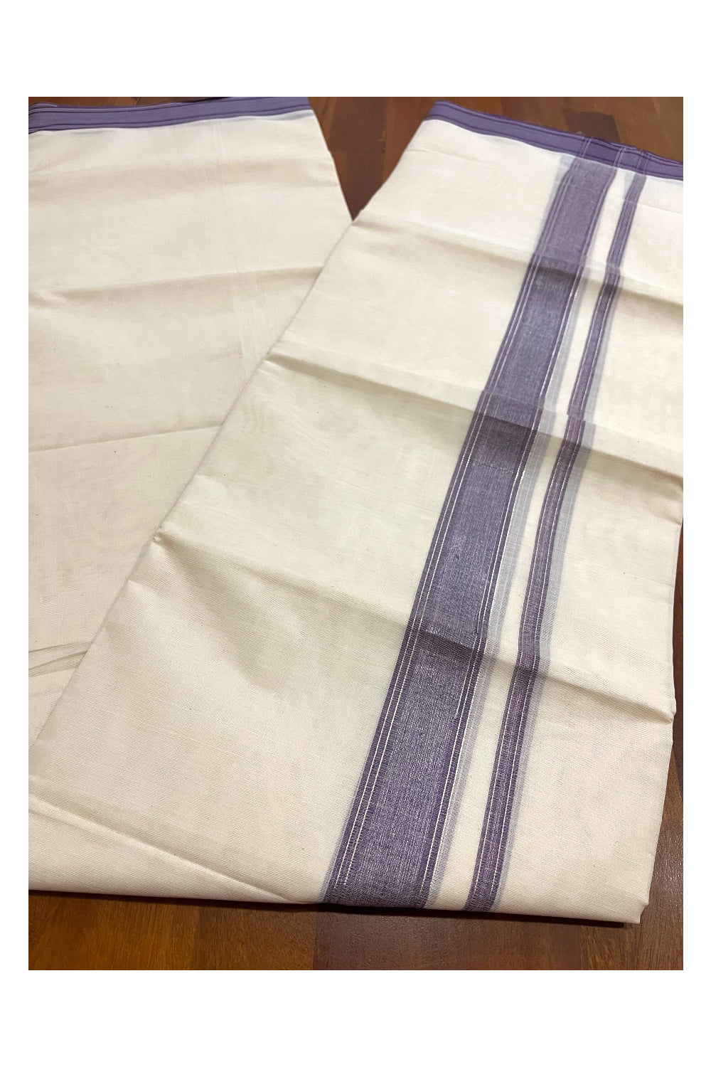 Pure Cotton 100x100 Double Mundu with Purple and Silver Kasavu Line Border (Onam Mundu 2023)