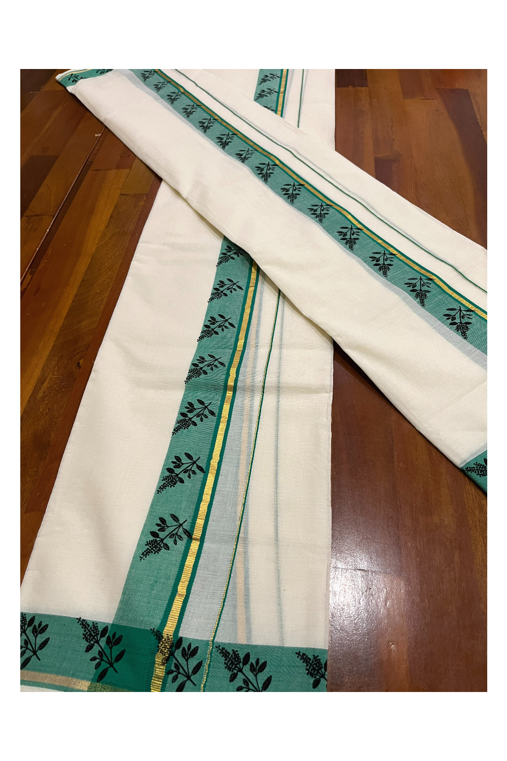 Kerala Cotton Kasavu Set Mundu (Mundum Neriyathum) with Thulasi Kathir Block Prints Green Border