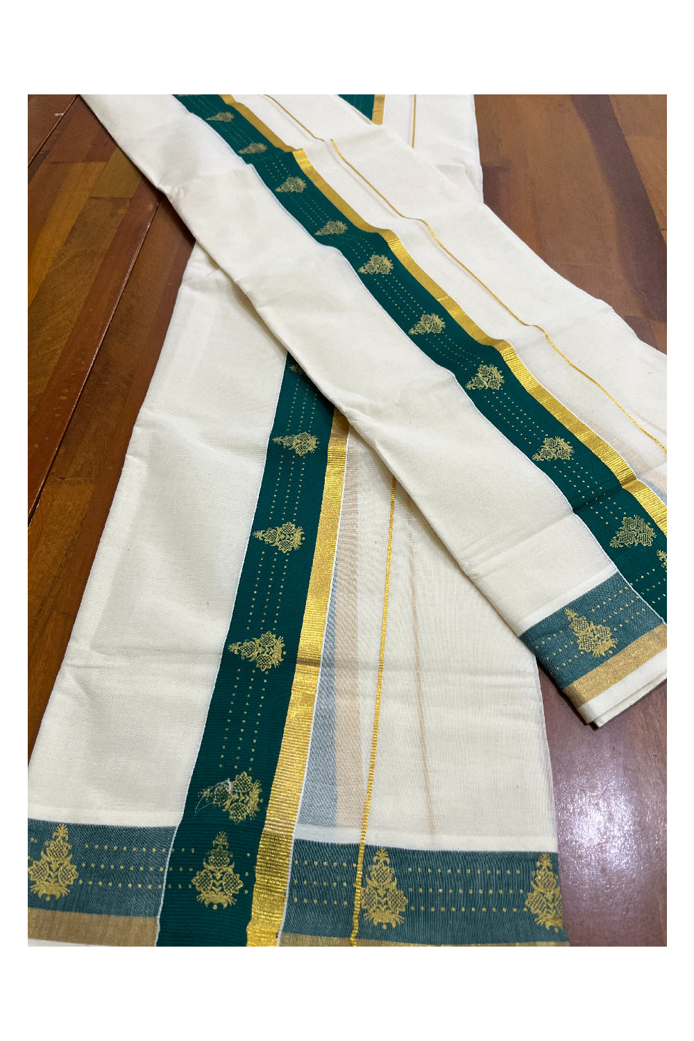 Kerala Pure Cotton Single Set Mundu (Mundum Neriyathum) with Block Prints on Green and Kasav Border