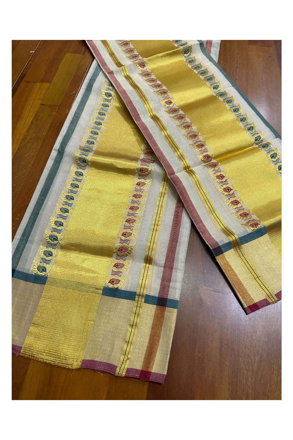 Southloom Handloom Premium Tissue Kasavu Set Mundu Leafe Woven Patterns With Green And Maroon Lines Across Body (Mundum Neriyathum) 2.70 Mtrs