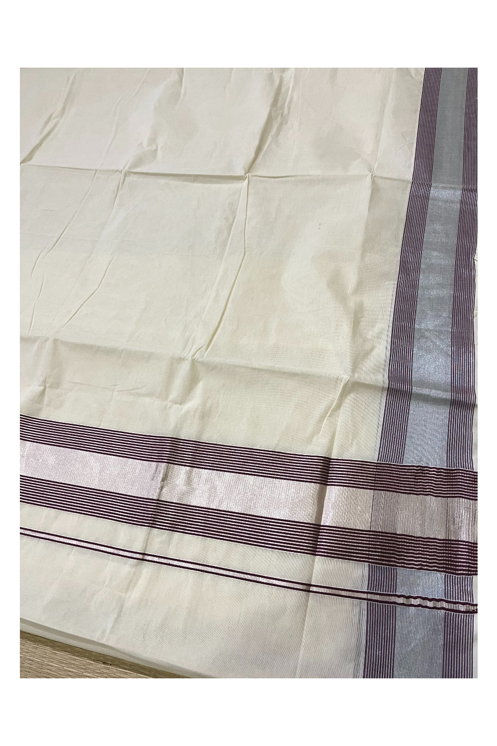 Pure Cotton Kerala Saree with Silver Kasavu and Purple Line Border (Onam Saree 2023)