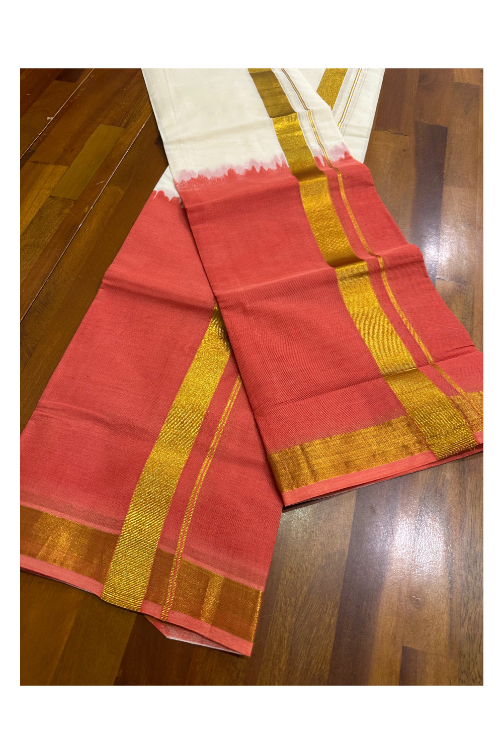 Southloom Tie & Dye - Half & Half  Multi Colour Brick Red Design Set Mundu (Mundum Neriyathum) in 2.80 m Neriyathu (Extra Length)