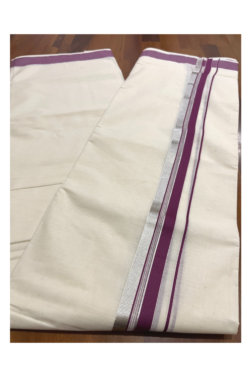 Pure Cotton Kerala Double Mundu with Purple and Silver Kasavu Kara (South Indian Kerala Dhoti)