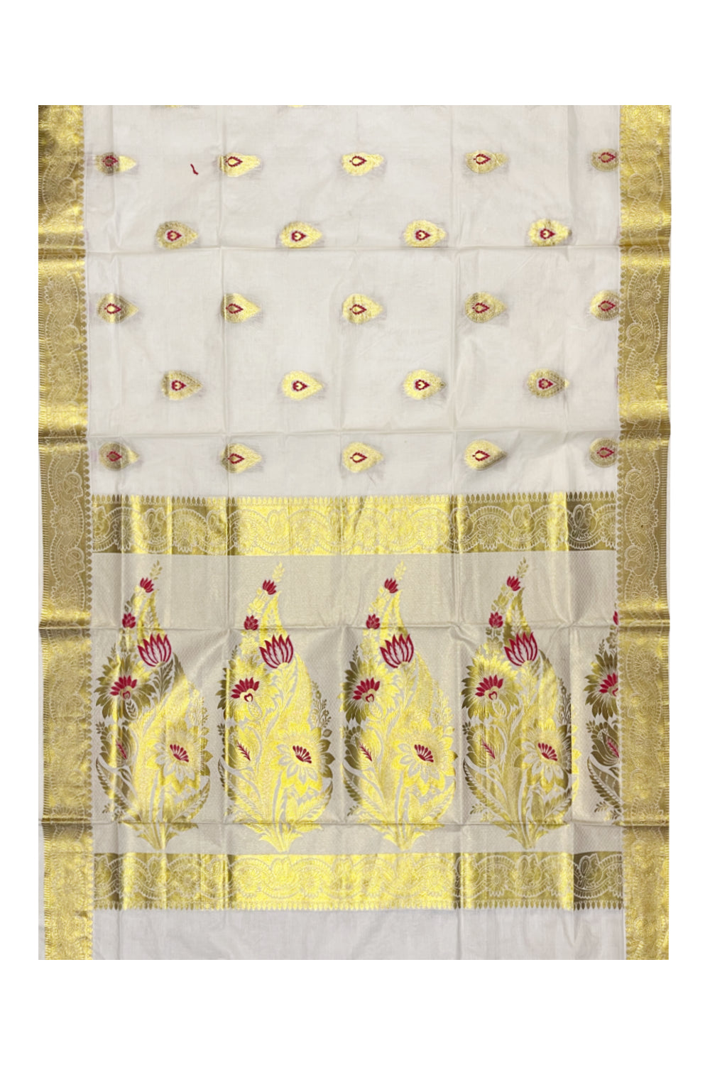 Kerala Cotton Kasavu Saree With Pink and Golden Heavy Woven Works On Body