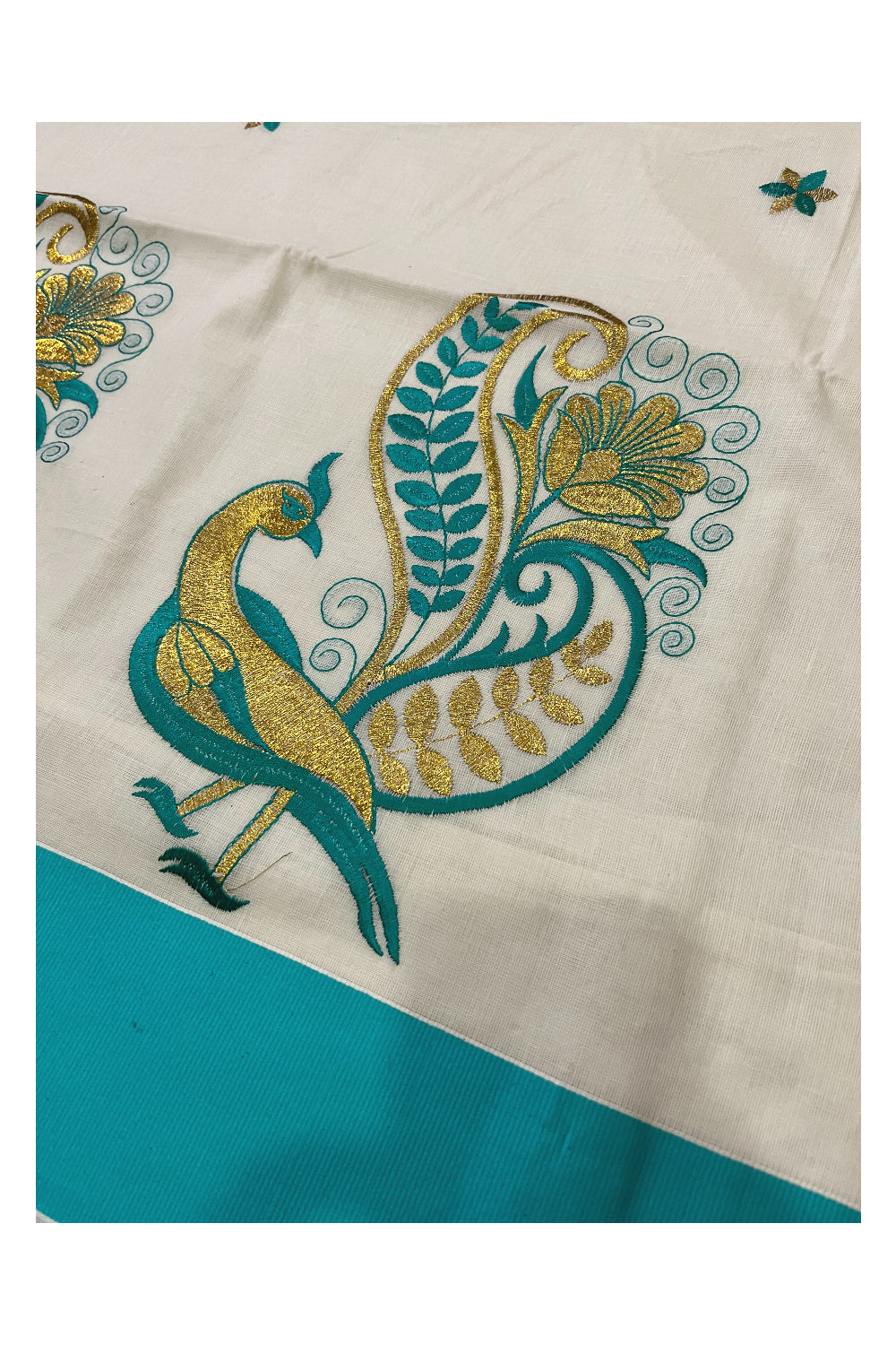 Pure Cotton Kerala Saree with Peacock Embroidery Work and Turquoise Border (Onam Saree 2023)