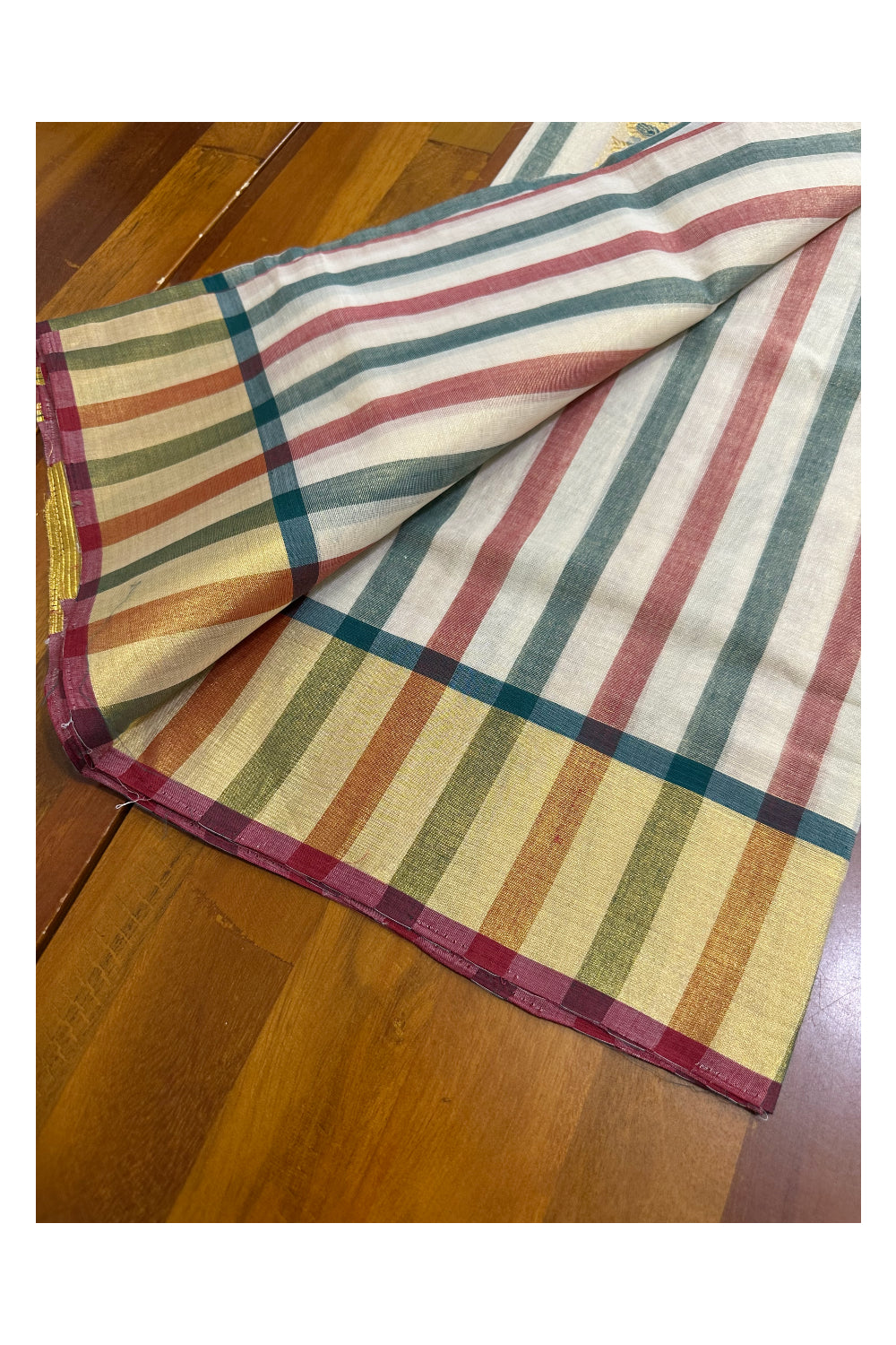 Southloom Handloom Premium Tissue Kasavu Set Mundu Leafe Woven Patterns With Green And Maroon Lines Across Body (Mundum Neriyathum) 2.70 Mtrs