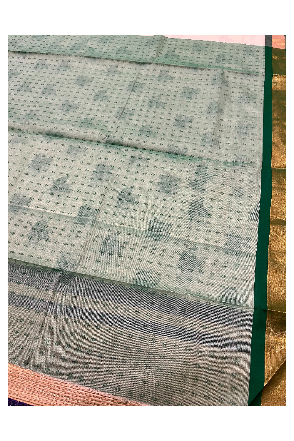 Pure Cotton Kerala Saree with Green Block Print Leaf Designs and Kasavu Border (Vishu 2024 Collection)