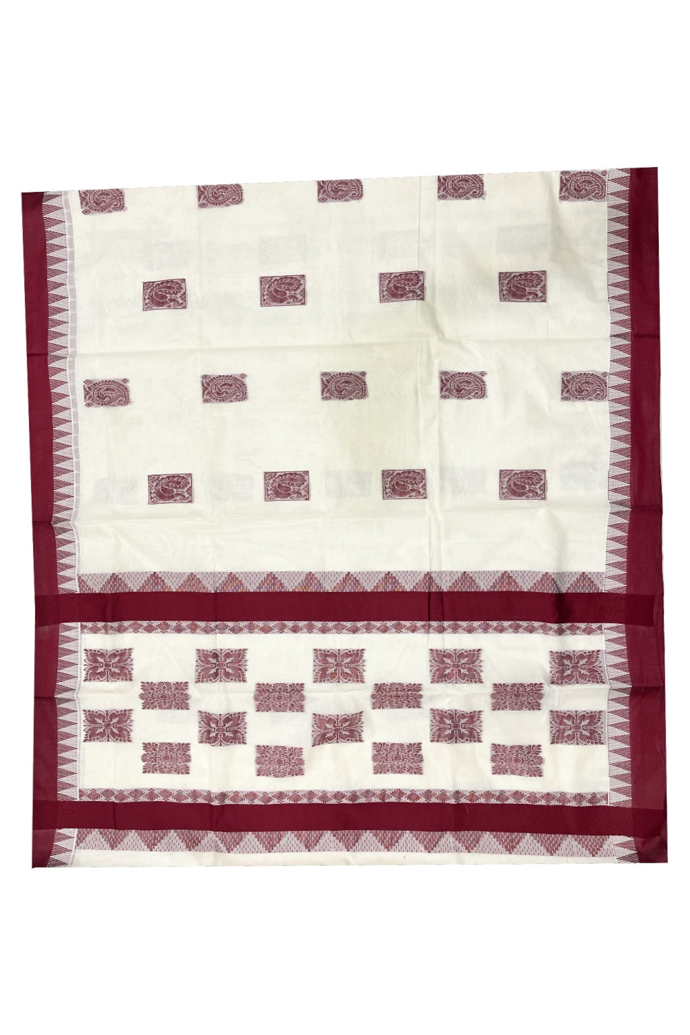 Pure Cotton Kerala Saree with Maroon Heavy Woven Designs and Temple Border (Vishu 2024 Collection)