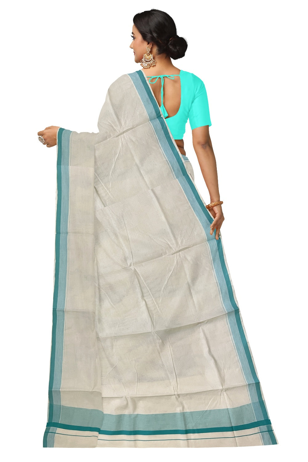 Pure Cotton Off White Kerala Saree with Turquoise Shaded Border