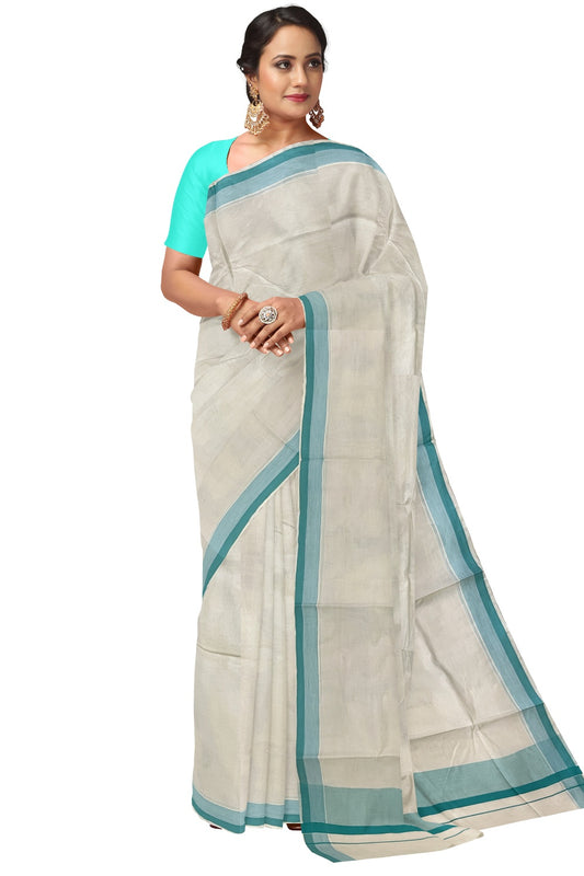 Pure Cotton Off White Kerala Saree with Turquoise Shaded Border