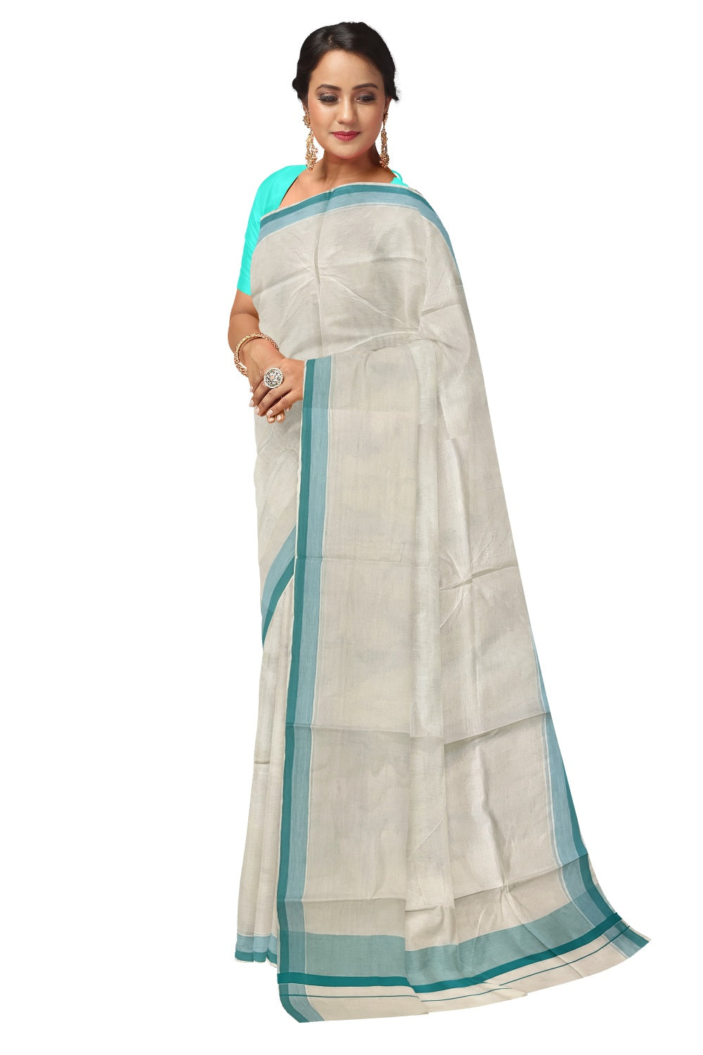 Pure Cotton Off White Kerala Saree with Turquoise Shaded Border