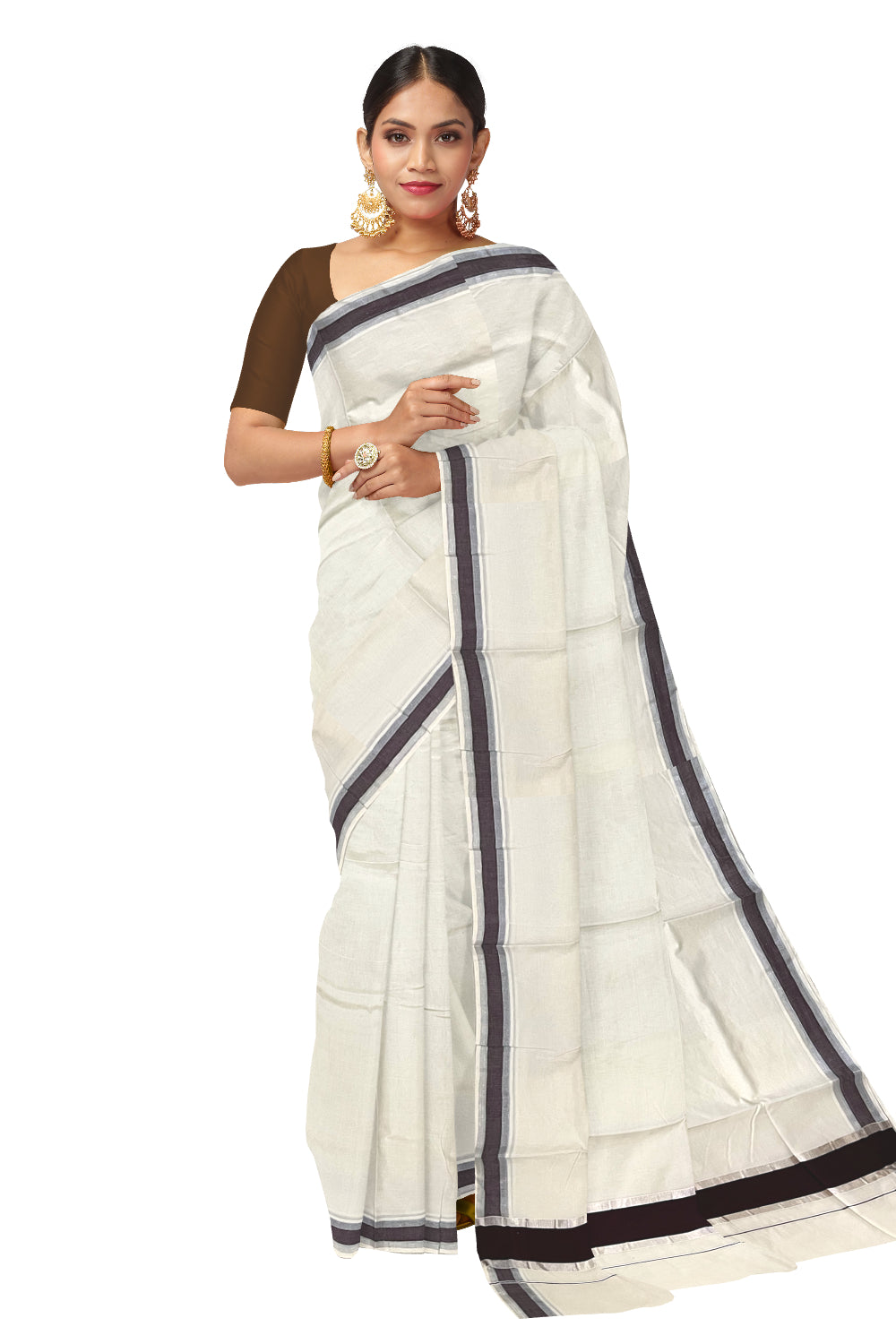 Pure Cotton Kerala Saree with Brown and Silver Kasavu Border