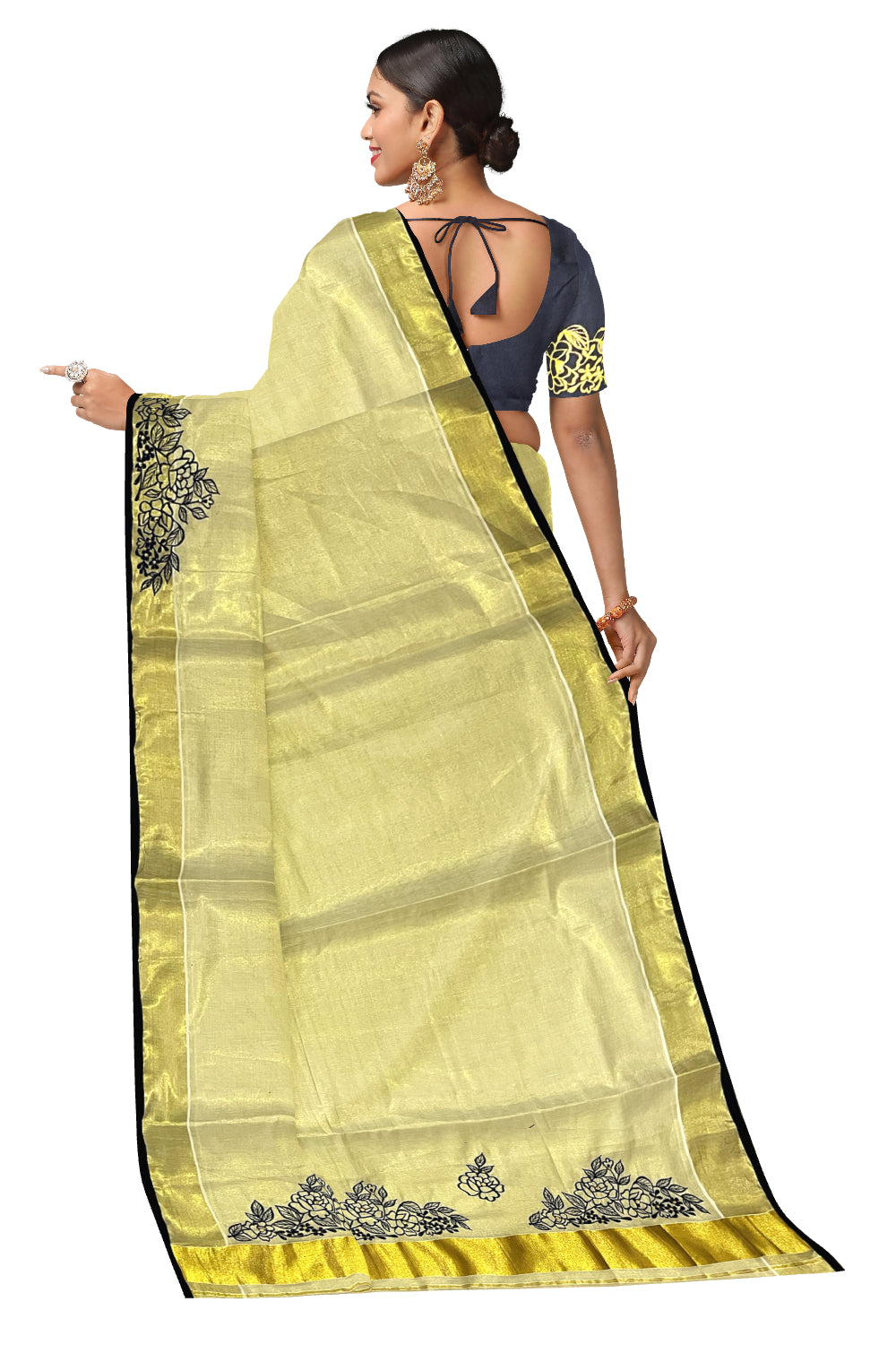 Kerala Tissue Kasavu Saree with Floral Embroidery Works on Body and Navy Blue Blouse Piece