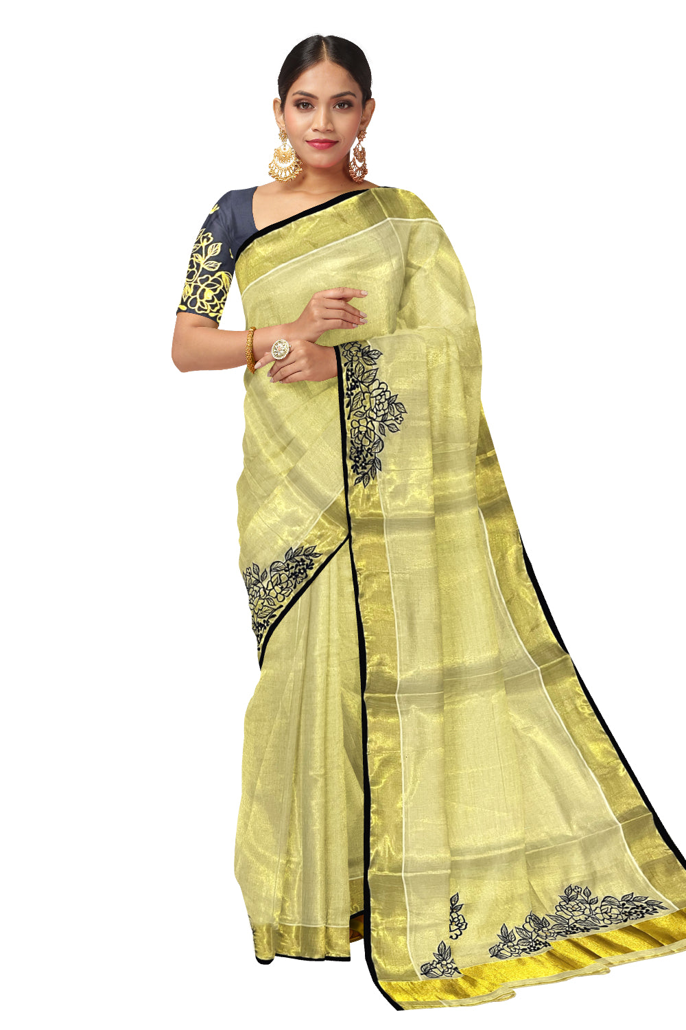 Kerala Tissue Kasavu Saree with Floral Embroidery Works on Body and Navy Blue Blouse Piece