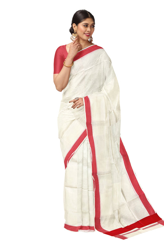 Pure Cotton Off White Kerala Saree with Orangish Red Border