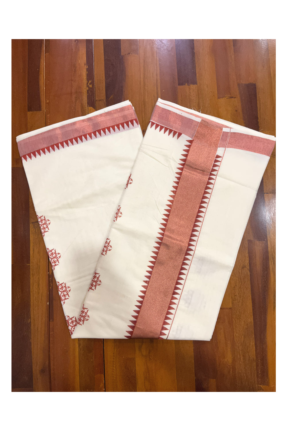 Kerala Pure Cotton Saree with Copper Kasavu Temple Border and Block Prints on Body