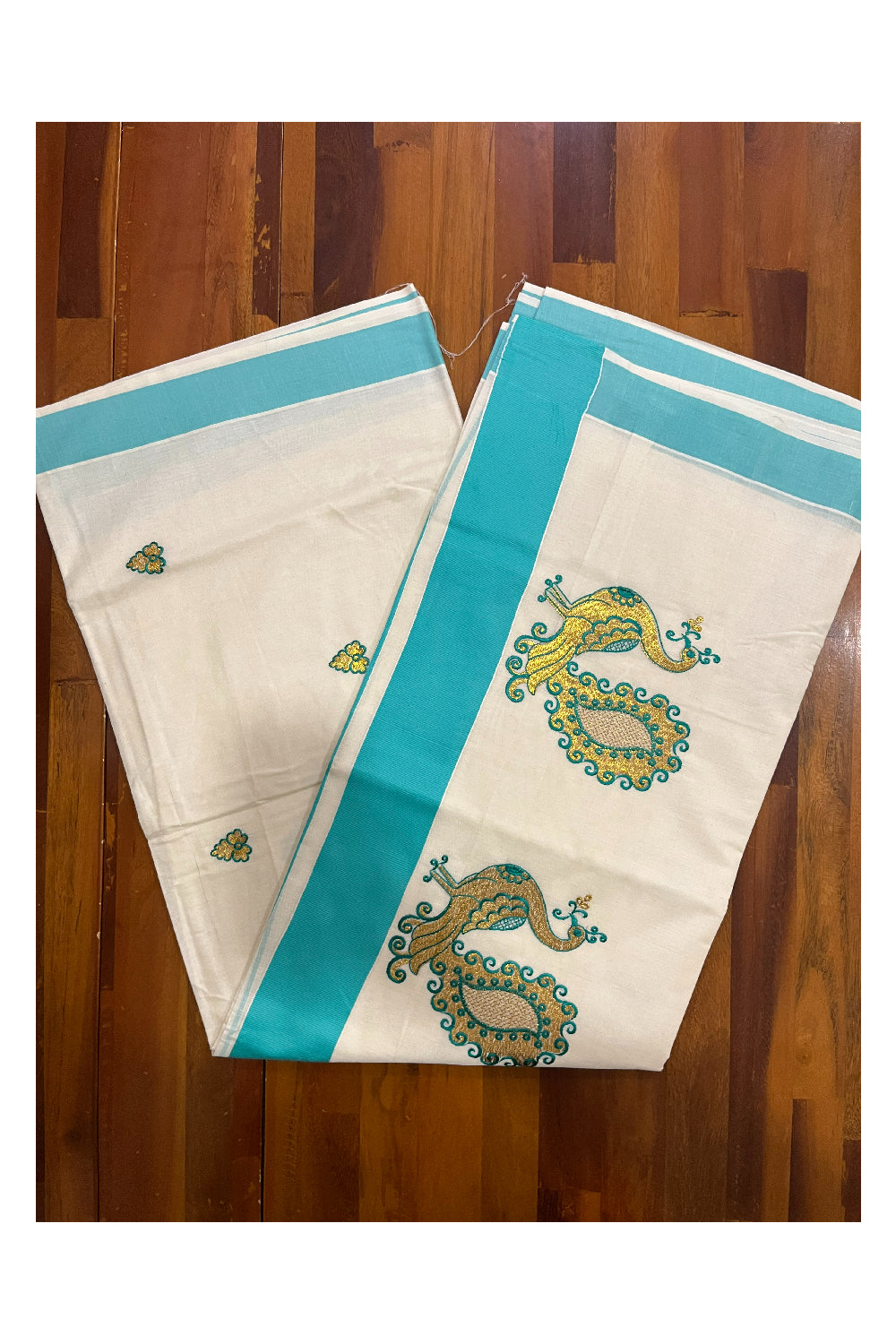 Pure Cotton Kerala Saree with Peacock Embroidery Work and Turquoise Border (Onam Saree 2023)