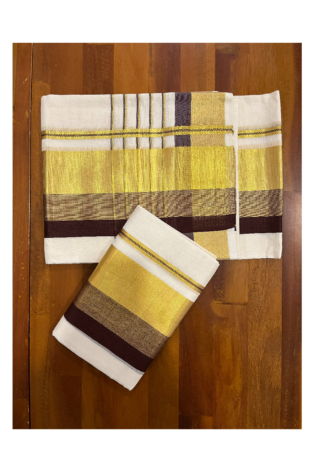 Pure Cotton Handloom Premium Set Mundu (Mundum Neriyathum) with Brown and Kasavu Border