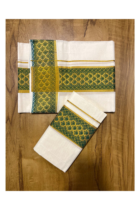 Kerala Pure Cotton Set Mundu Single (Mundum Neriyathum) with Green Block Prints on Kasavu Border 2.80Mtrs(Onam 2024 Collection)