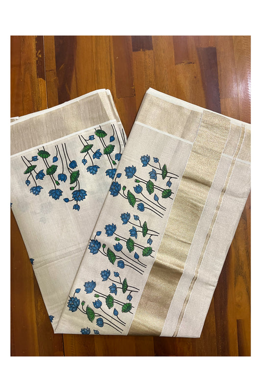 Southloom Antique Gold Tissue Saree with Subtle Blue Lotus Prints