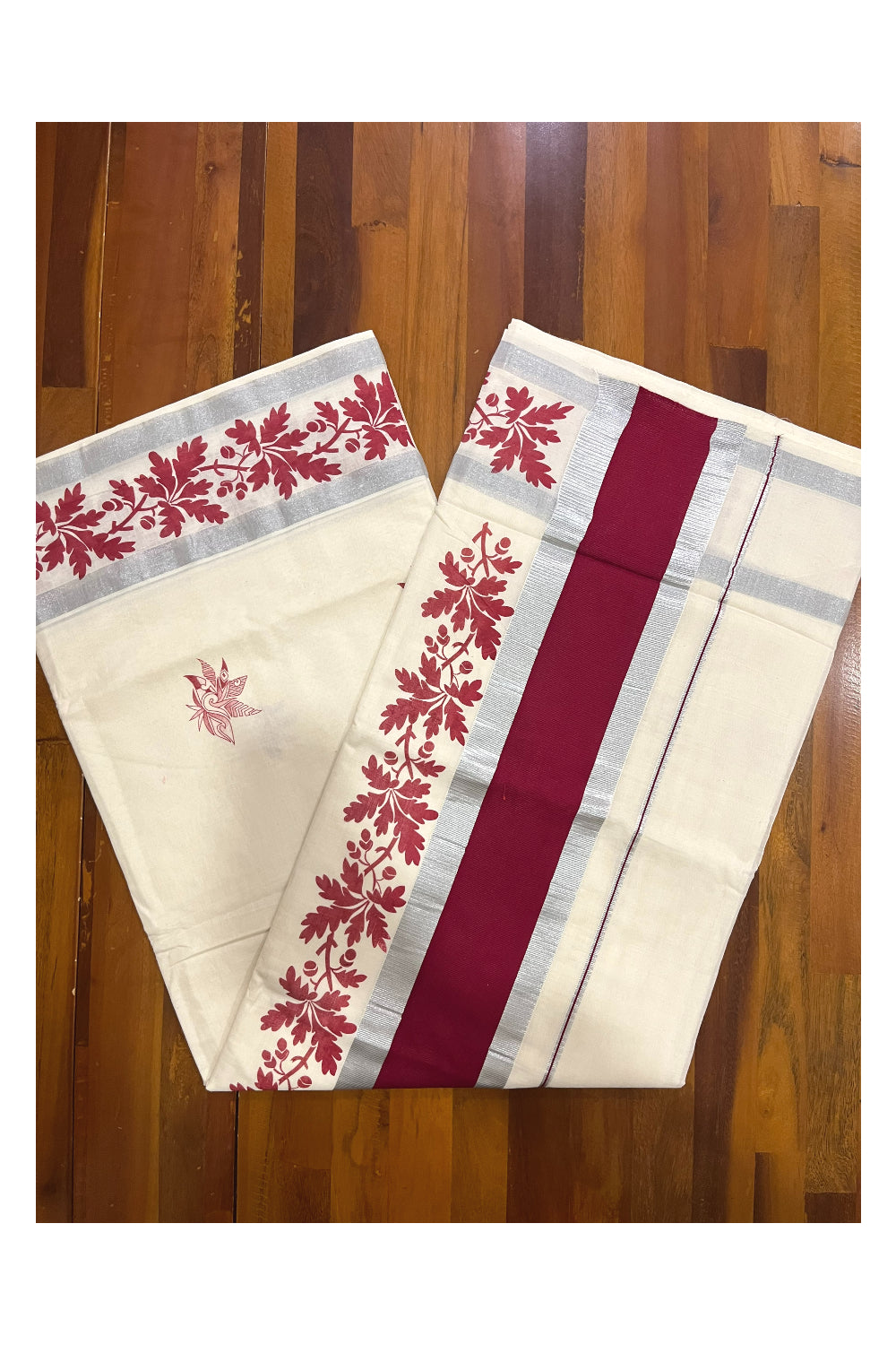 Pure Cotton Off White Kerala Saree with Maroon Floral Block Printed Silver Border (Onam Saree 2023)