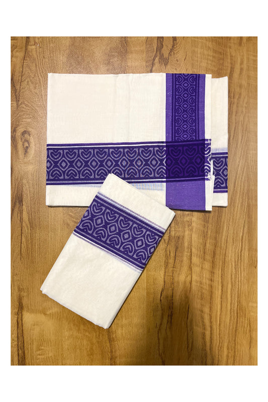 Kerala Cotton Single Set Mundu (Mundum Neriyathum) with Violet Block print Border 2.80Mtrs