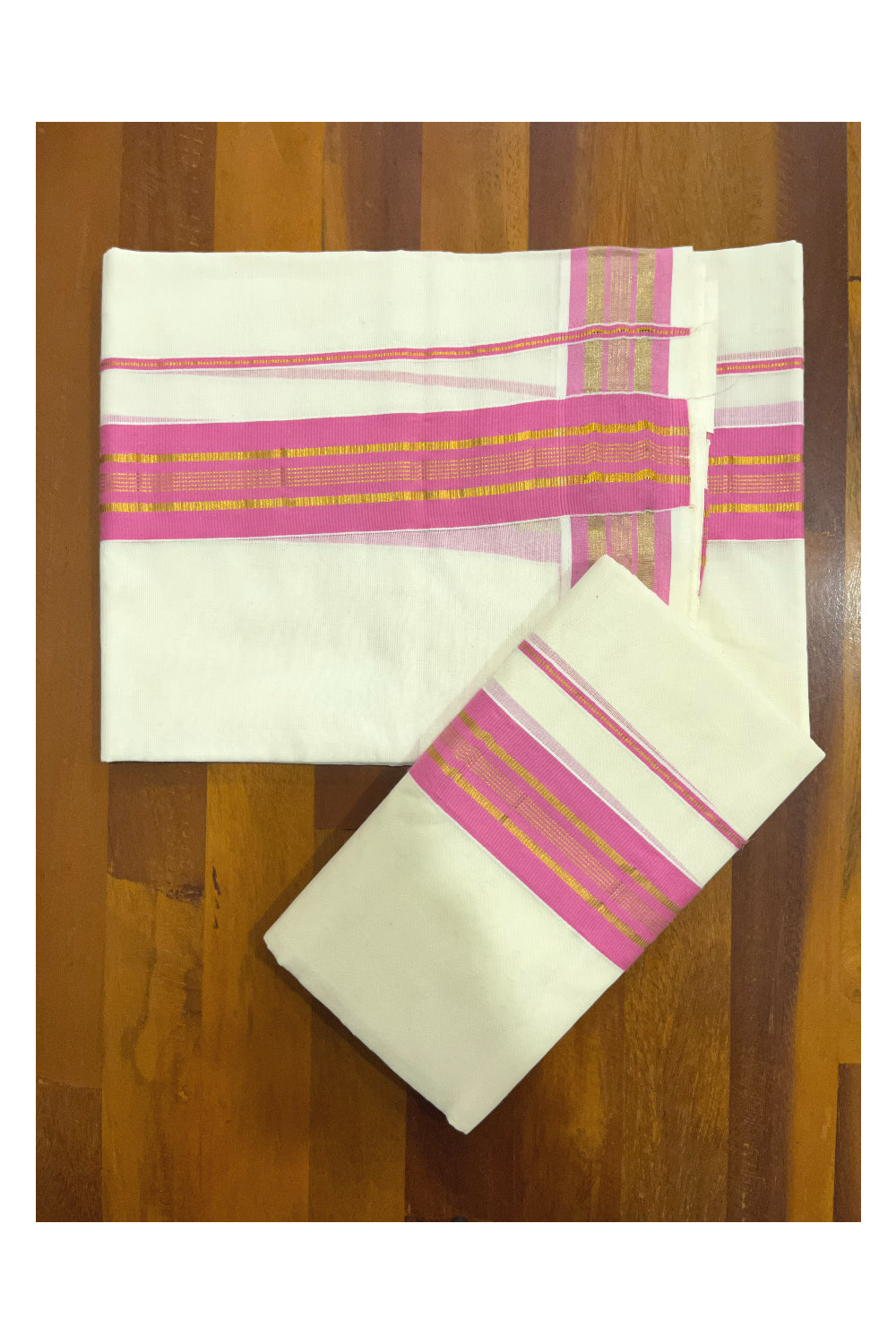 Pure Cotton Kerala Single Set Mundu (Mundum Neriyathum) with Pink and Kasavu Border (Onam Set Mundu 2023)