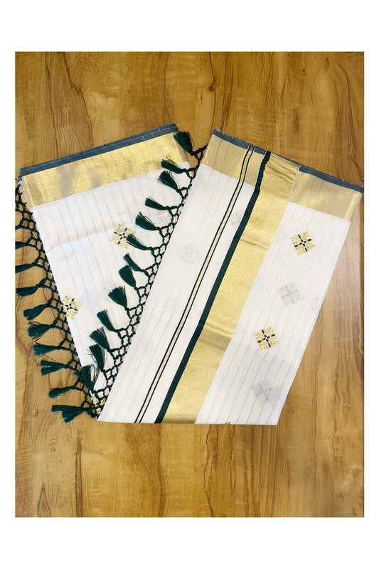 Kerala Cotton Kasavu Lines Saree with Green and Golden Floral Embroidery Work