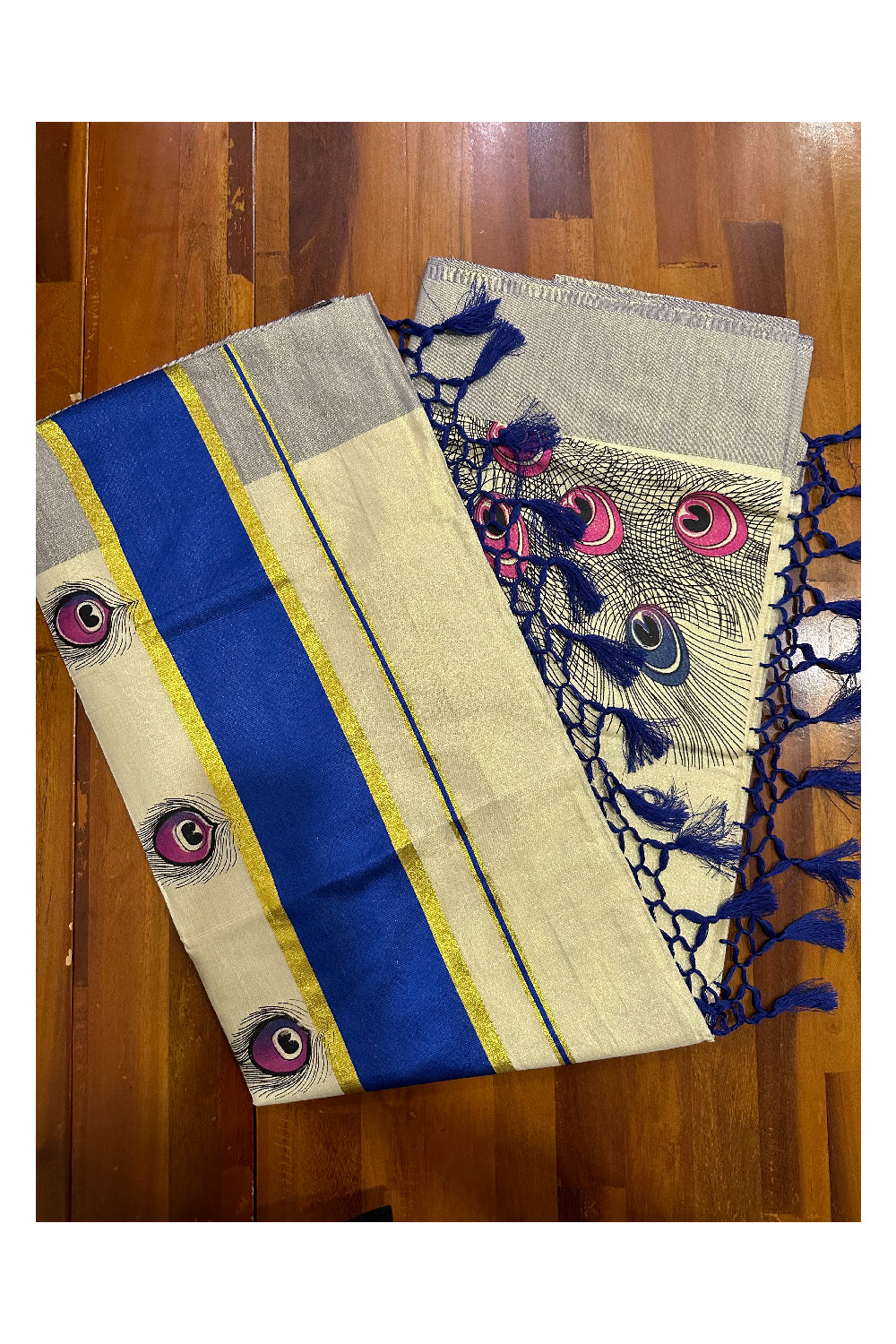 Kerala Tissue Kasavu Saree with Feather Block Prints and Blue Border (Onam Saree 2023)