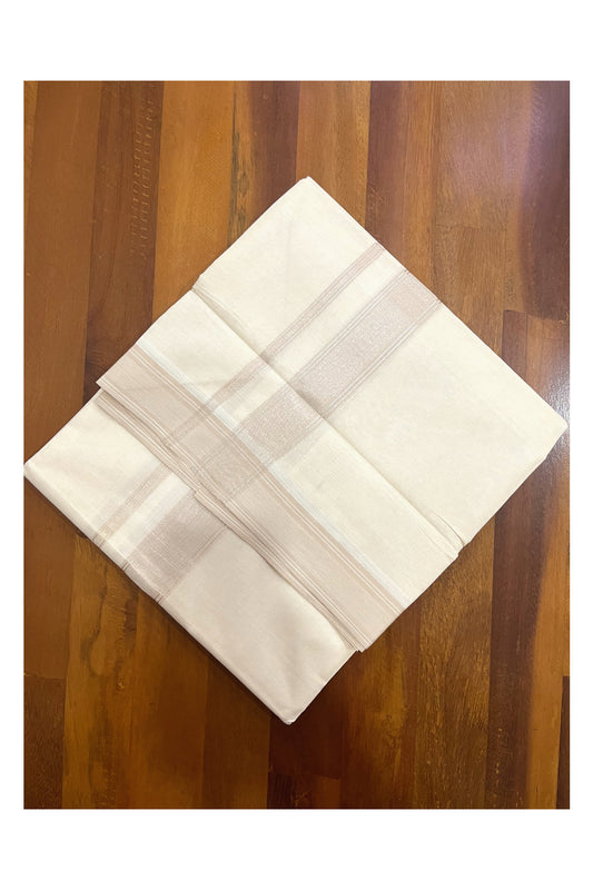 Pure Cotton 100x100 Double Mundu with Beige and Silver Kasavu Line Border (Onam Mundu 2023)