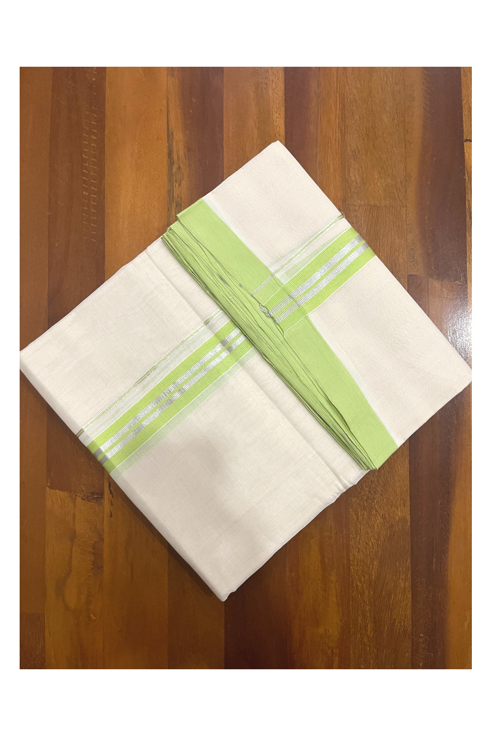 Southloom Premium Balaramapuram Unakkupaavu Handloom Mundu with Light Green and Silver Kasavu Border (South Indian Kerala Dhoti)