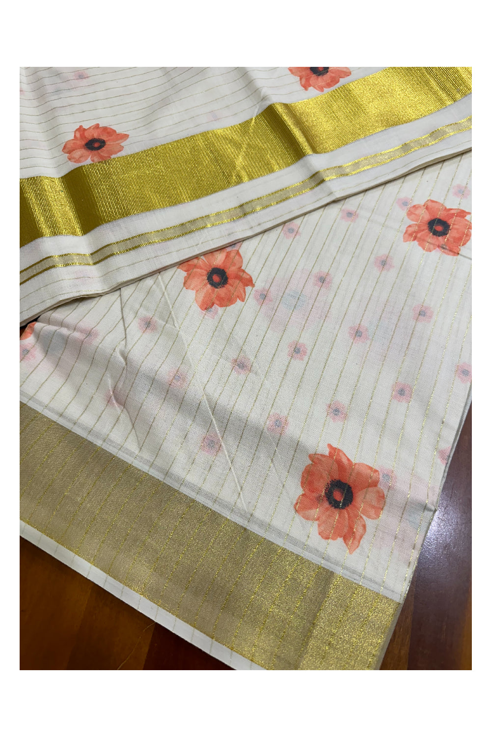 Southloom Onam Special Kasavu Lines Saree with Digital Printed Classy Floral Designs in Orange (Printed Matching Blouse Included)