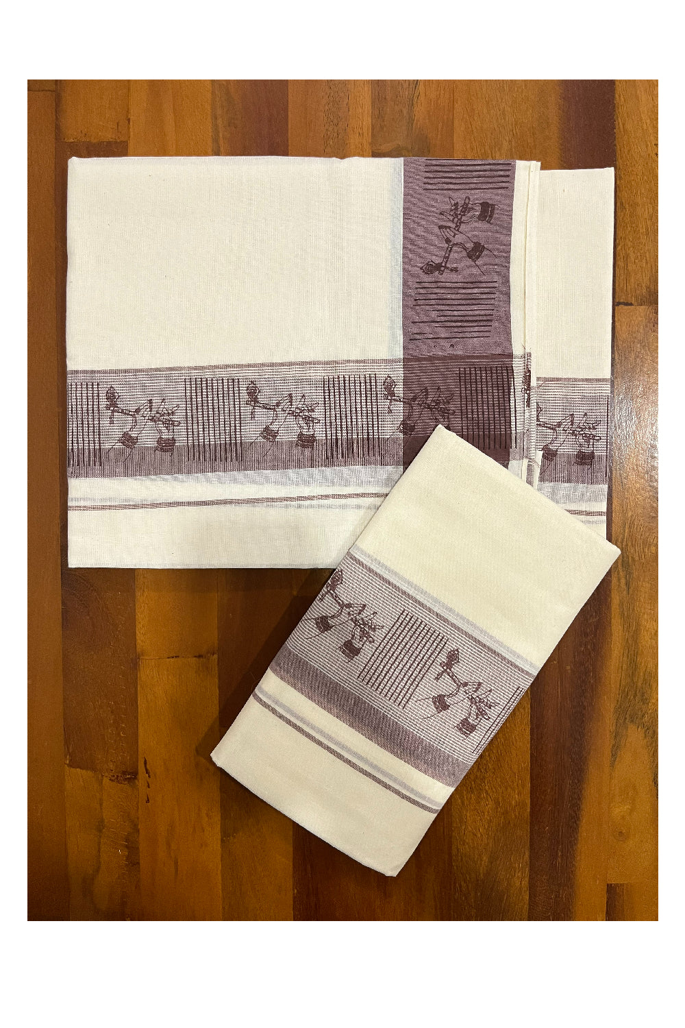 Southloom Pure Cotton Kerala Single Set Mundu with Brown Block Prints on Border (Onam Set Mundu 2023)