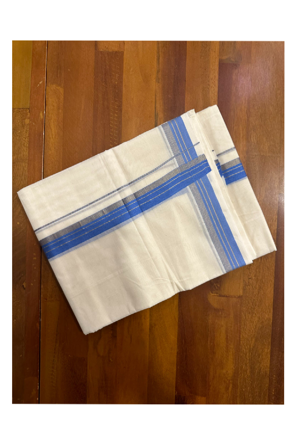 Southloom Premium Handloom Mundu with Blue and Kasavu Kara (Onam Mundu 2023)