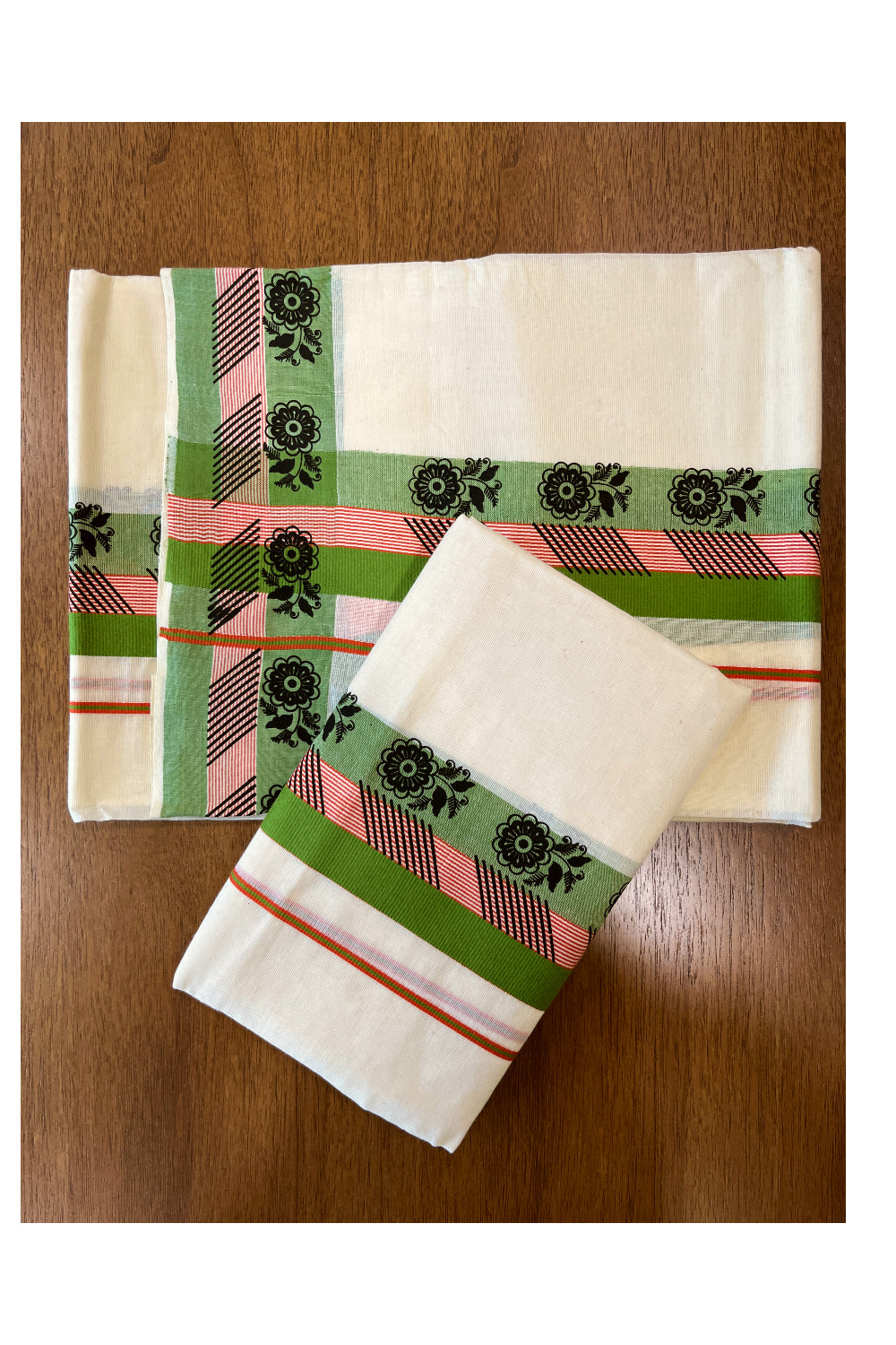 Cotton Single Set Mundu (Mundu Neriyathum) with Black Block Prints on Green Border