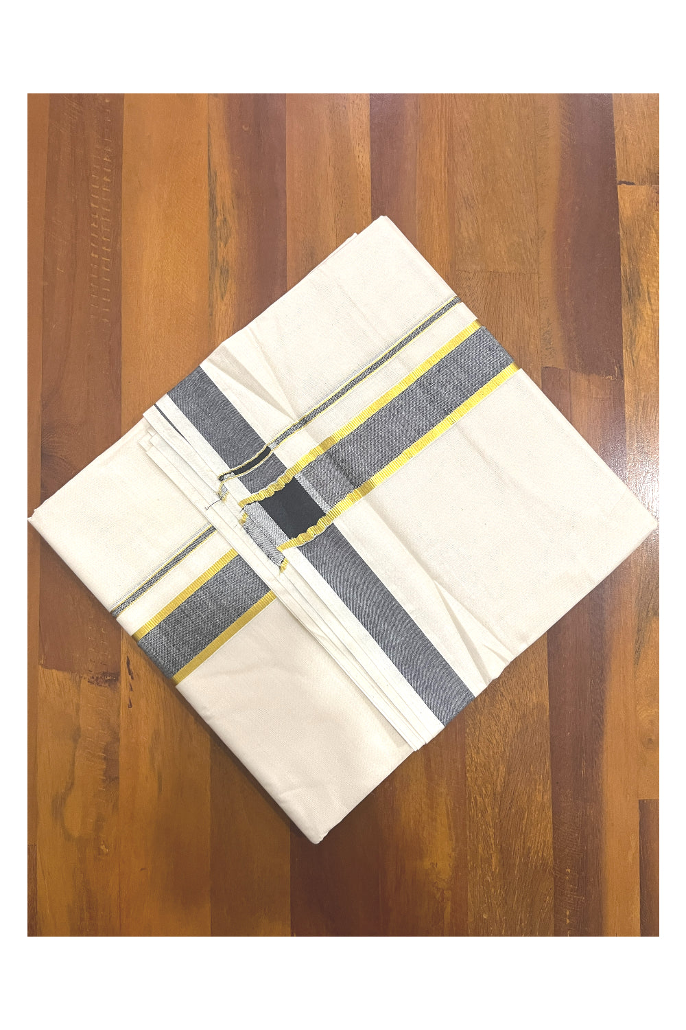 Off White Kerala Cotton Double Mundu with Black Kasavu Kara (South Indian Kerala Dhoti)