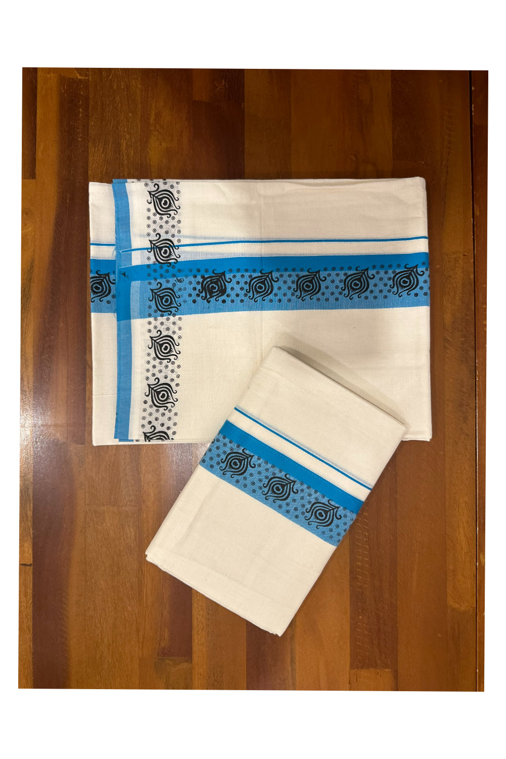 Kerala Cotton Set Mundu (Mundum Neriyathum) with Block Prints on Blue Border (Onam Set Mundu 2023)