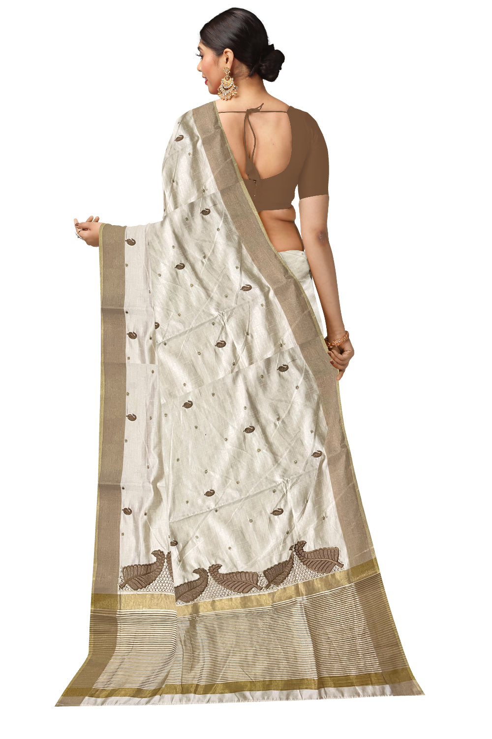 Southloom Light Brown Sequins Cotton Saree with Hacoba Leaf Designs on Munthani