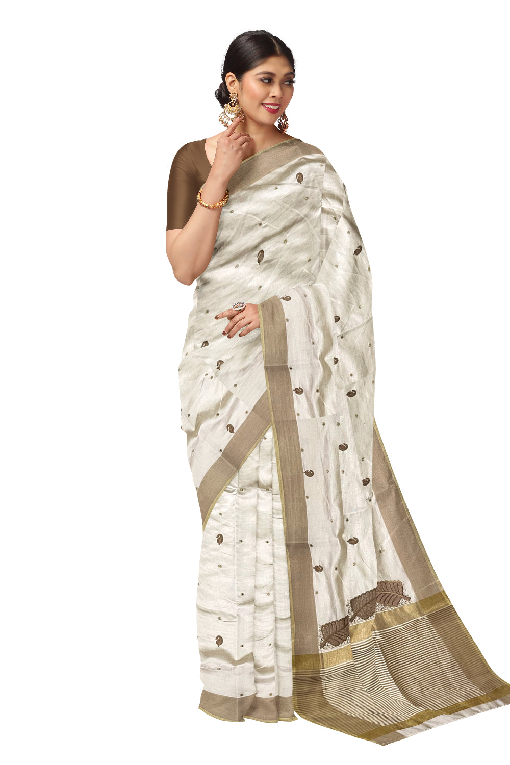 Southloom Light Brown Sequins Cotton Saree with Hacoba Leaf Designs on Munthani