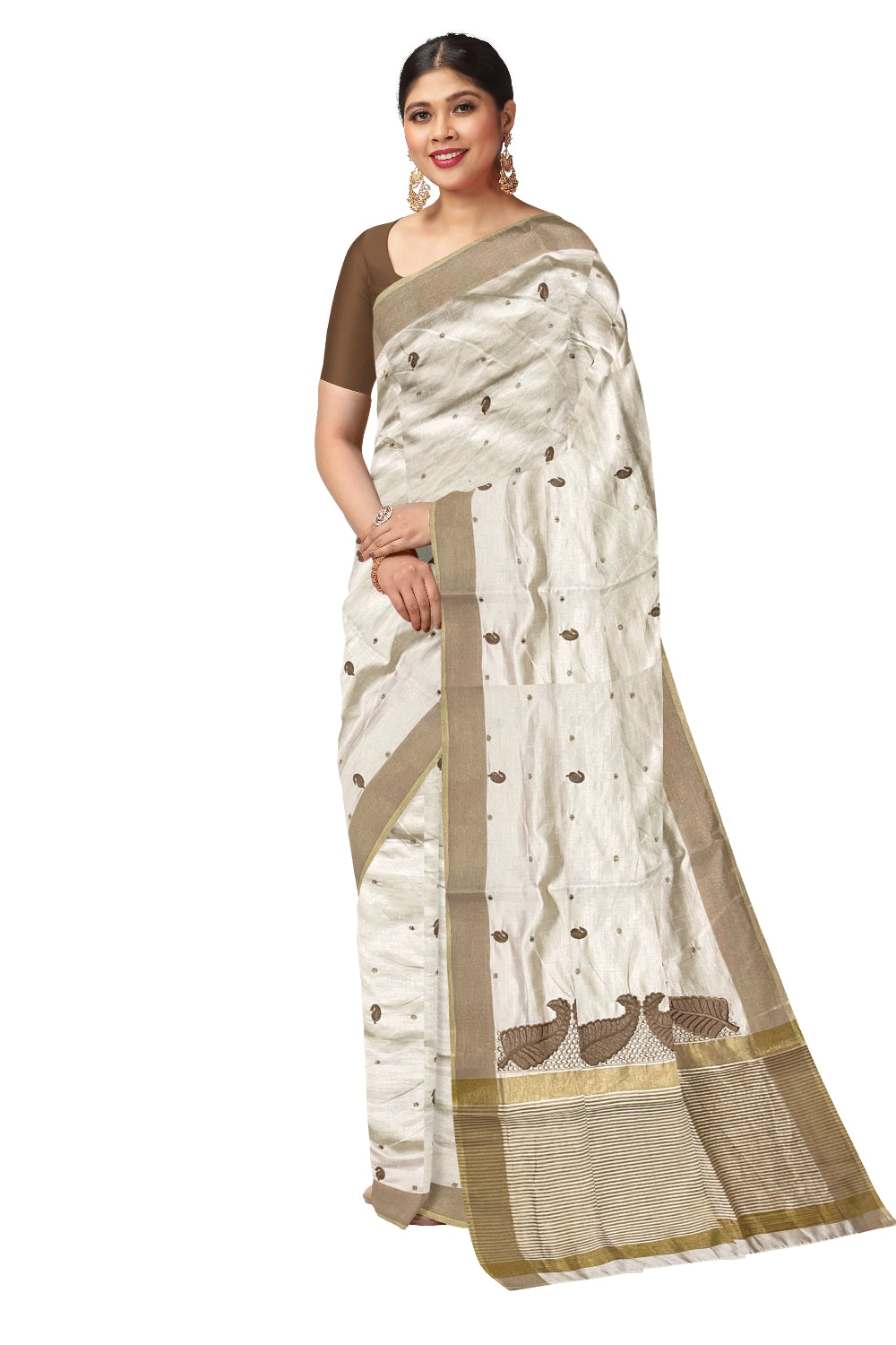 Southloom Light Brown Sequins Cotton Saree with Hacoba Leaf Designs on Munthani